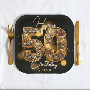Luxurious Black and Gold Gemstone 50th Birthday Paper Plate