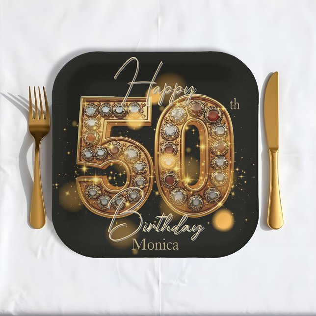 Luxurious Black and Gold Gemstone 50th Birthday Paper Plate (Creator Uploaded)