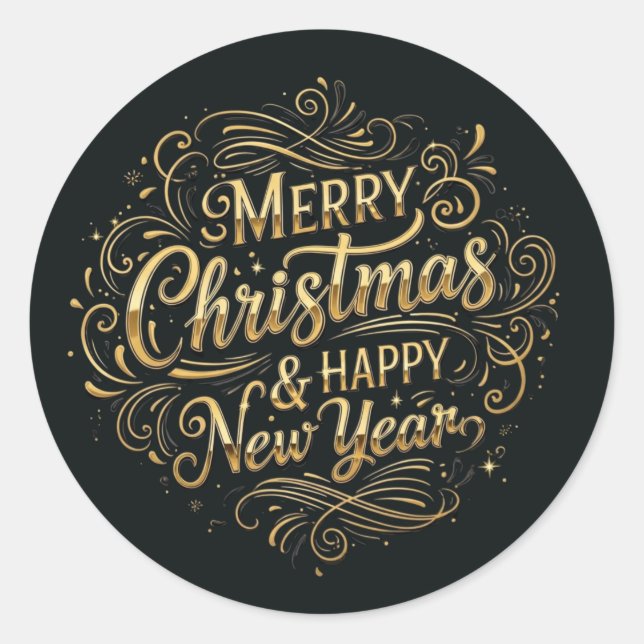 Luxurious Black and Gold Merry Christmas Script  Classic Round Sticker (Front)