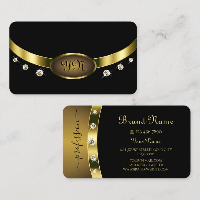 Luxurious Black and Gold with Initials Diamonds Business Card (Front/Back)