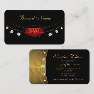Luxurious Black and Gold with Monogram Diamonds Business Card
