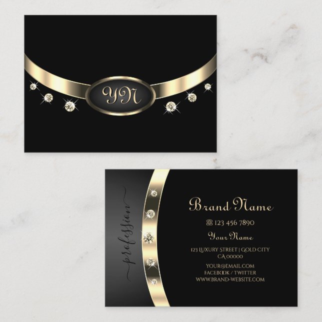 Luxurious Black and Gold with Monogram Diamonds Business Card (Front/Back)