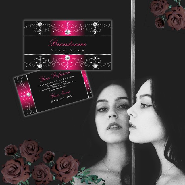 Luxurious Black and Pink Ornate Borders Ornaments Business Card (Creator Uploaded)
