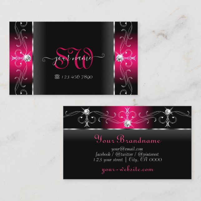 Luxurious Black and Pink Squiggled Jewels Monogram Business Card (Front/Back)