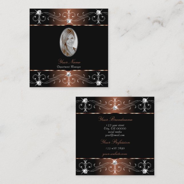 Luxurious Black Brown Ornate Ornaments with Photo Square Business Card (Front/Back)