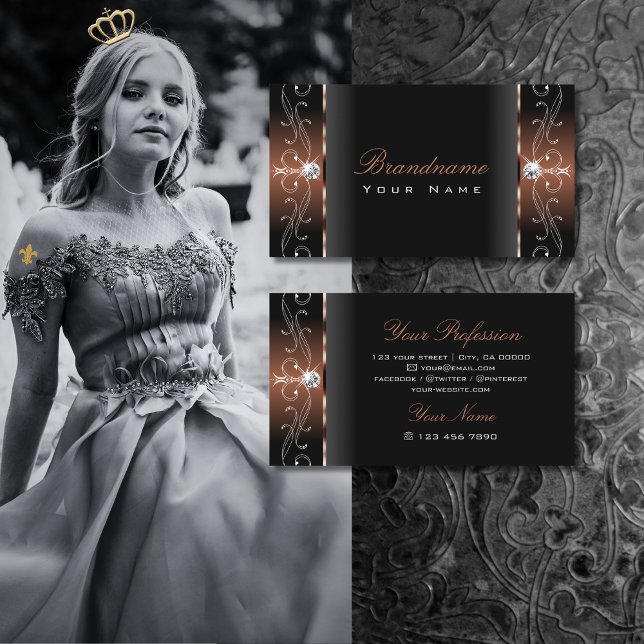 Luxurious Black Brown Squiggled Jewels Ornamental Business Card (Creator Uploaded)