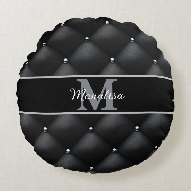 luxurious black design monogramed personalised   round cushion (Front)