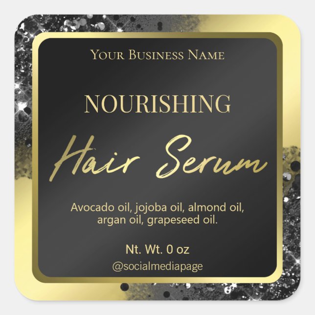 Luxurious Black Glitter Gold Hair Serum Labels (Front)