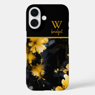 luxurious black gold agate floral iPhone 16 case
