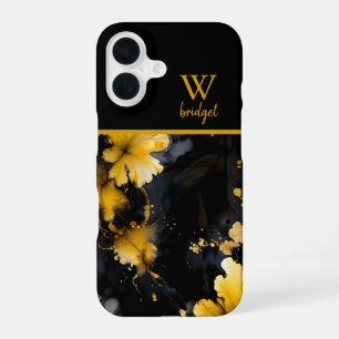 luxurious black gold agate floral iPhone 16 case