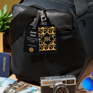 luxurious black gold classic monogram personalise  luggage tag