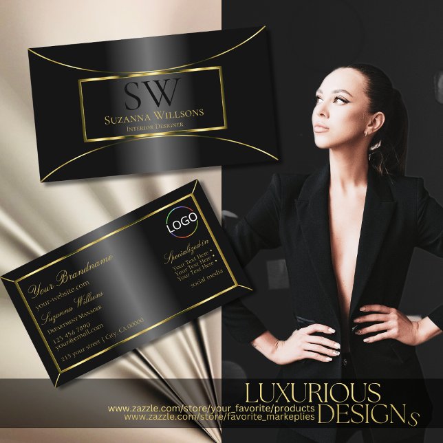 Luxurious Black Gold Decor with Monogram and Logo Business Card (Creator Uploaded)