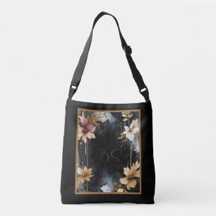 luxurious black gold floral agate marble crossbody bag