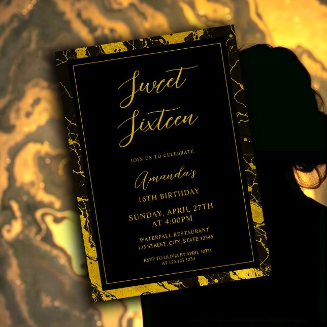 Luxurious Black & Gold Marble Sweet 16 Birthday Invitation (Creator Uploaded)