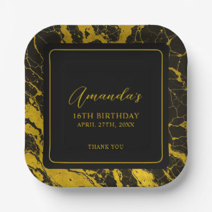 Luxurious Black & Gold Marble Sweet 16 Birthday Paper Plate
