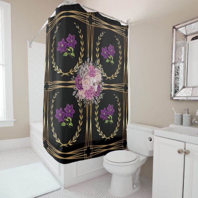 Luxurious Black Gold Purple Floral Trendy Modern  Shower Curtain (In Situ)