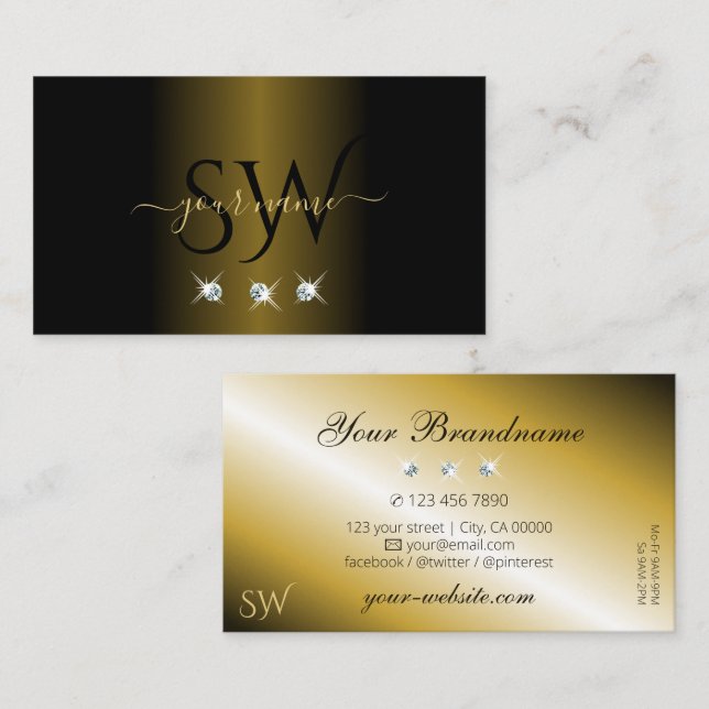Luxurious Black Gold Sparkling Diamonds Initials Business Card (Front/Back)