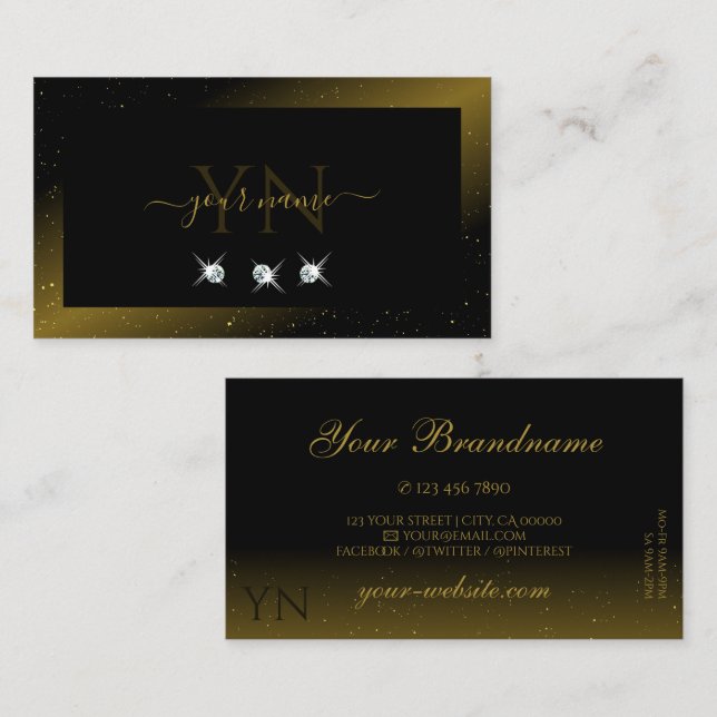 Luxurious Black Gold Sparkling Diamonds Monogram Business Card (Front/Back)
