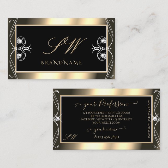 Luxurious Black Gold Sparkling Diamonds Monogram Business Card (Front/Back)