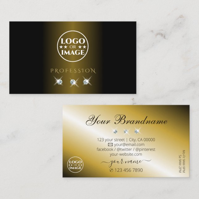 Luxurious Black Gold Sparkling Diamonds with Logo Business Card (Front/Back)