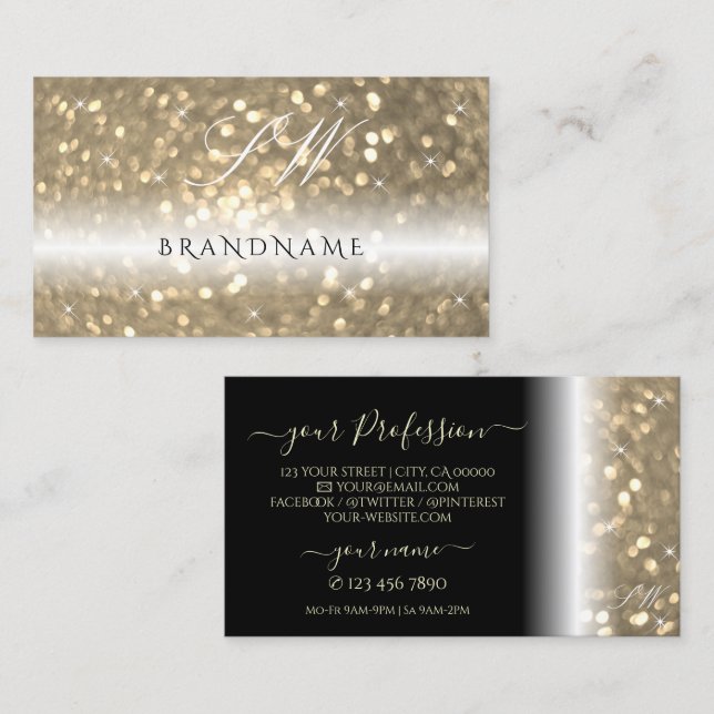 Luxurious Black Gold Sparkling Glitter Initials Business Card (Front/Back)