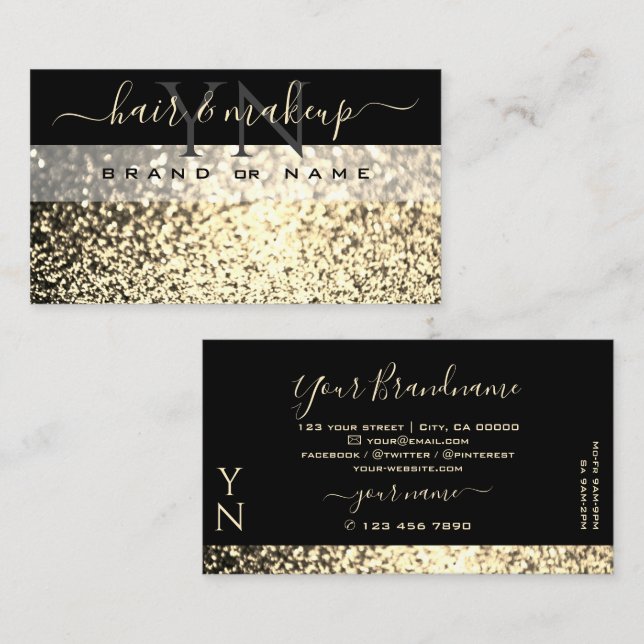 Luxurious Black Gold Sparkling Glitter Monogram Business Card (Front/Back)