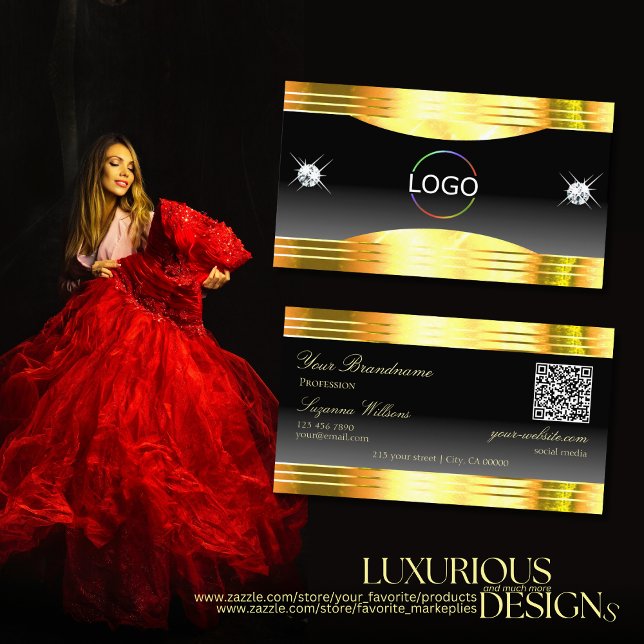 Luxurious Black Ombre Gold Borders Logo QR Code Business Card (Creator Uploaded)