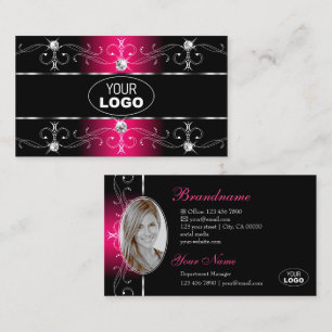 Luxurious Black Pink Ornate Borders Logo and Photo Business Card