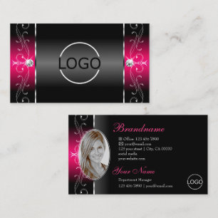 Luxurious Black Pink Squiggled Jewels Logo & Photo Business Card