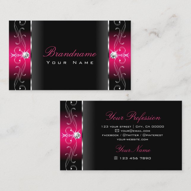 Luxurious Black Pink Squiggled Jewels Ornamental Business Card (Front/Back)