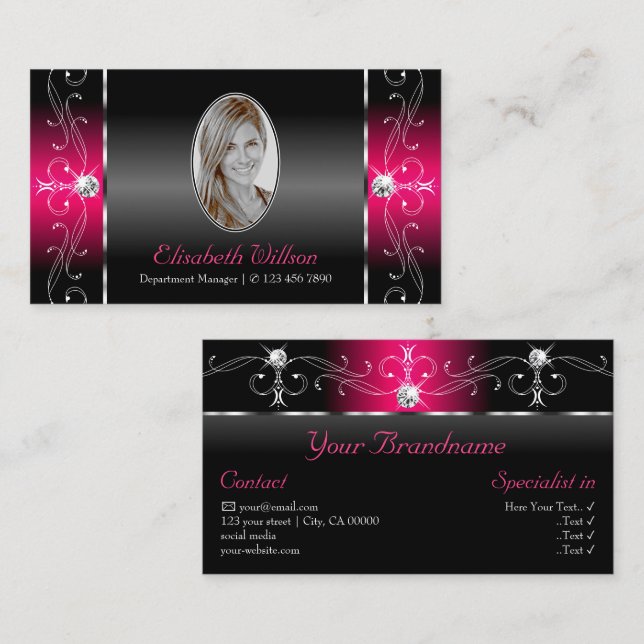 Luxurious Black Pink Squiggled Jewels with Photo Business Card (Front/Back)