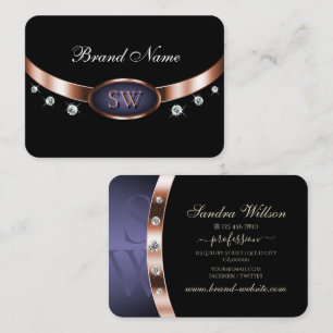 Luxurious Black Rose Gold Blue Monogram Jewels Business Card