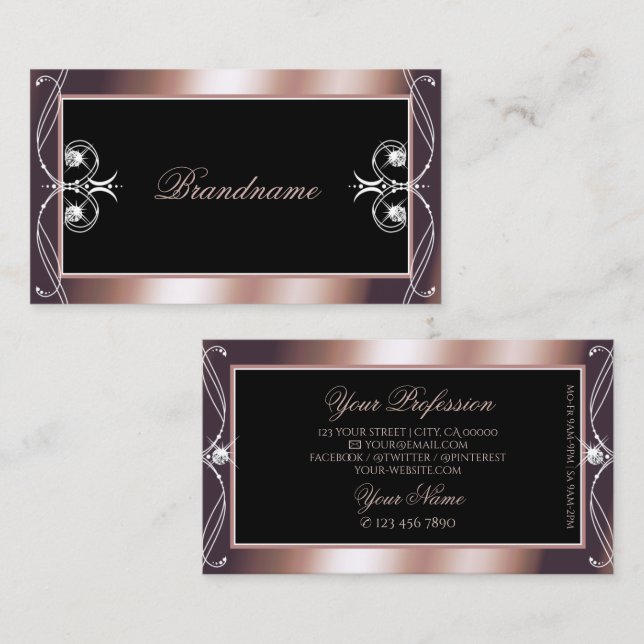 Luxurious Black Rose Gold Sparkle Jewels Ornaments Business Card (Front/Back)