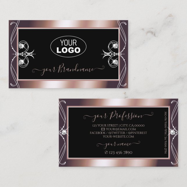 Luxurious Black Rose Gold Sparkle Jewels with Logo Business Card (Front/Back)