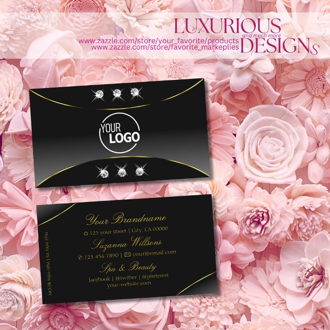 Luxurious Black with Gold Decor Diamonds and Logo Business Card (Creator Uploaded)