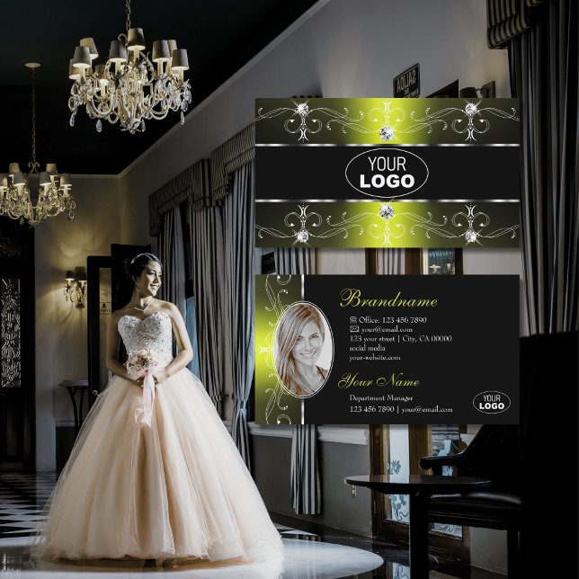 Luxurious Black Yellow Ornate Borders Logo Photo Business Card (Creator Uploaded)