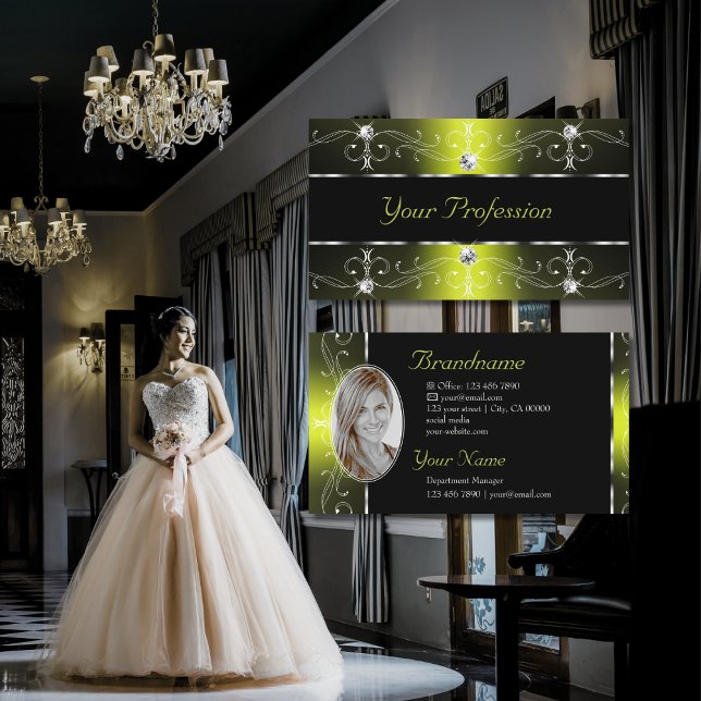 Luxurious Black Yellow Ornate Borders with Photo Business Card (Creator Uploaded)