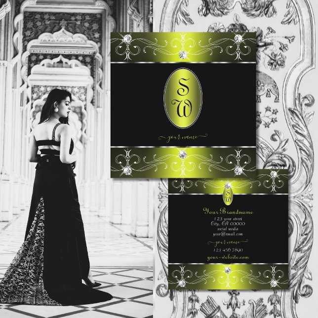 Luxurious Black Yellow Ornate Ornaments Monogram Square Business Card (Creator Uploaded)