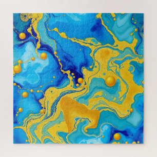 Luxurious Blue and Gold Alcohol Ink Abstract Jigsaw Puzzle