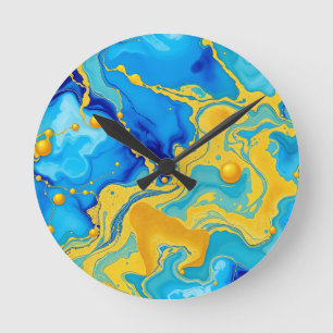 Luxurious Blue and Gold Alcohol Ink Abstract  Round Clock