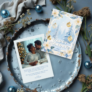 Luxurious Blue and Gold Christmas Ornament Photo Holiday Card