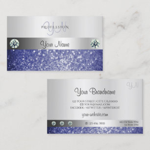 Luxurious Blue Glitter Monogram Shimmery Silver Business Card