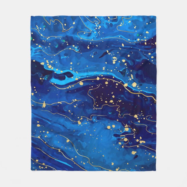 Luxurious Blue Gold Marble Texture Fleece Blanket (Front)