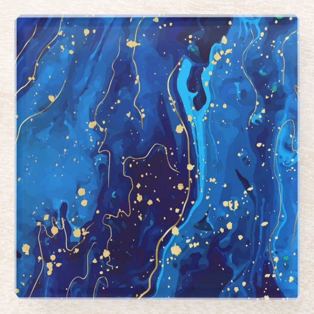 Luxurious Blue Gold Marble Texture Glass Coaster (Front)