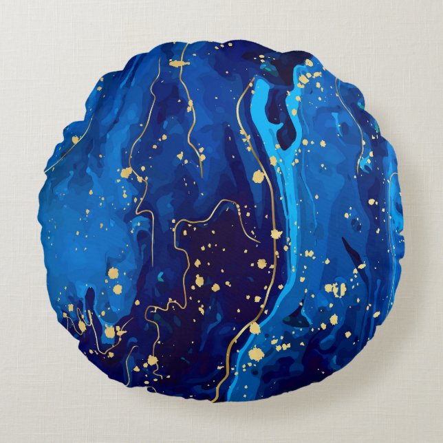 Luxurious Blue Gold Marble Texture Round Cushion (Front)