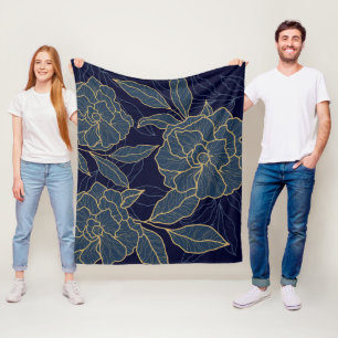 Luxurious Blue Navy Gold Flower  Fleece Blanket