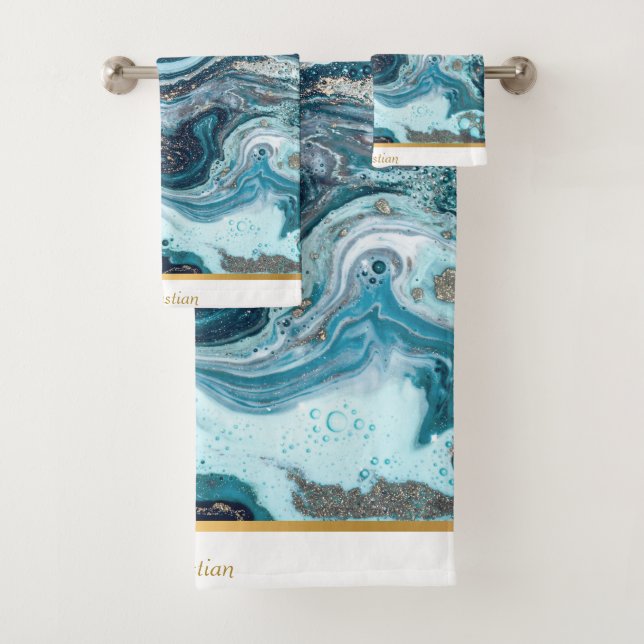 LUXURIOUS BLUE OCEAN INSPIRED MARBLE TOWEL SET (Insitu)