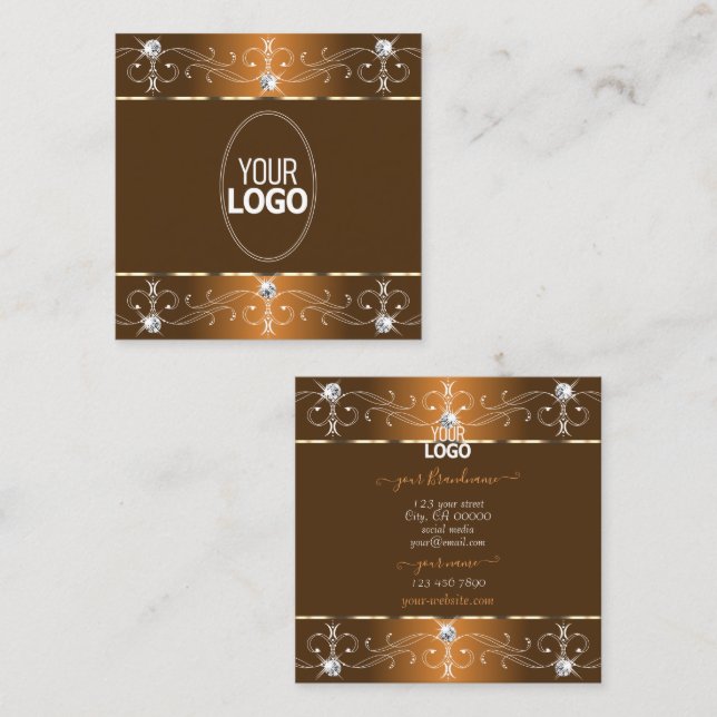 Luxurious Brown Orange Ornate Ornaments with Logo Square Business Card (Front/Back)
