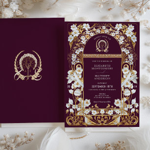 Luxurious Burgundy & Antique Gold Floral Wedding Invitation