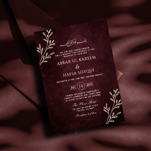 Luxurious Burgundy Floral Gold Islamic Wedding Invitation